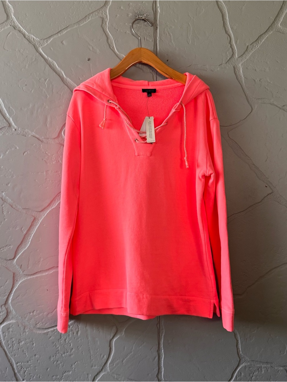 NWT Talbots Beach Terry Hoodie Neon Coral Pink Lace Up Pullover Size S
